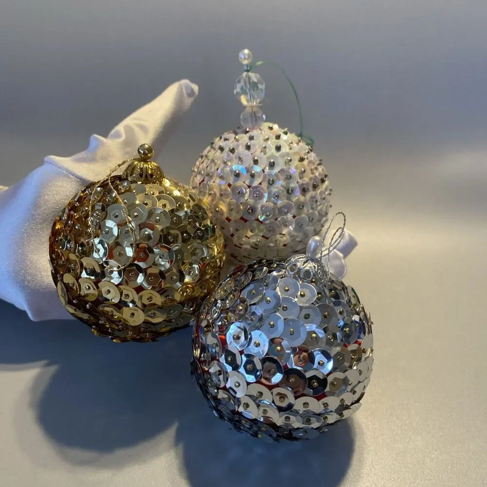 3 Vintage Christmas Sequin Push Pin Ornaments Gold Silver White Ball Handmade